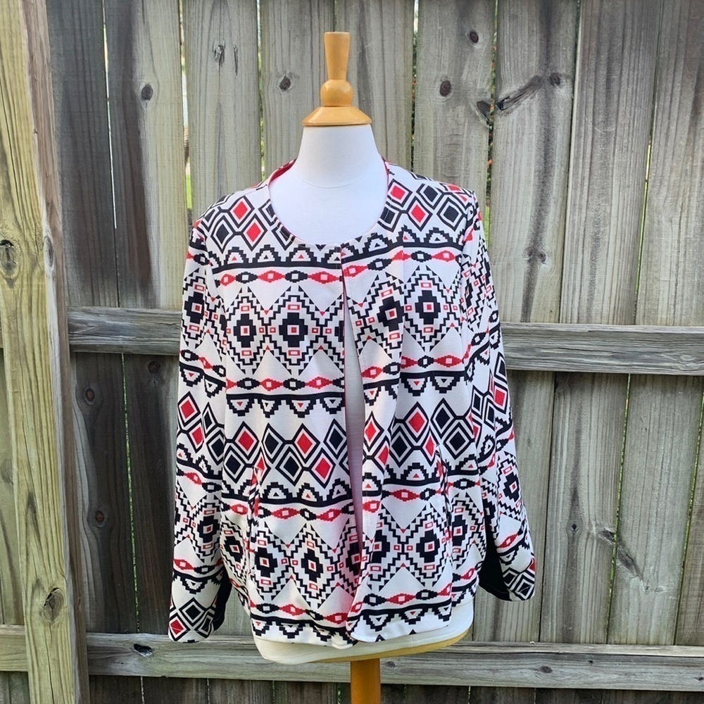 Mirror Image tribal print open front jacket, size XXL (custom tailored)